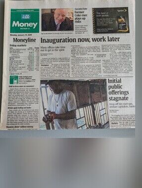 USA Today Money Section Newspaper  Inauguration Now, Work Later Headline 1/19/09